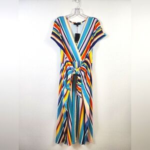 Eloquii Women's Vibrant Multicolor Striped Maxi Dress Front Wrap Tie, sz 14